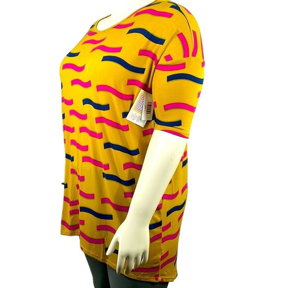 LuLaRoe Irma NWT L Gold Pink Navy Print Hi Low Comfy Stretchy Comfortable Fabric - Picture 4 of 16